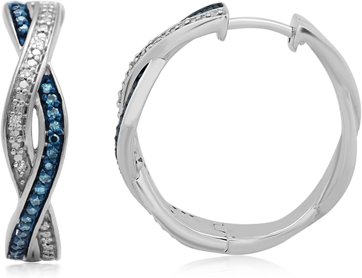 Jewelili 925 Sterling Silver Twisted Hoop Earrings for Women | 1/6 CTW Treated Blue & Natural White Round Diamonds | Hinge with Notch Post | Jewelry Gift with Gift Box