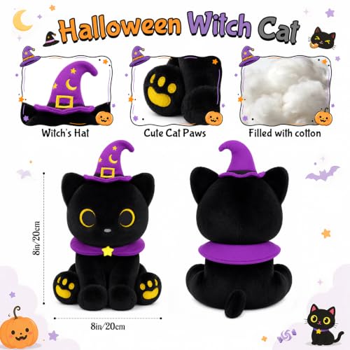 Image of Black Cat Plush - Halloween Stuffed Animal with Witch Hat & Scarf | 8inch Soft Spooky Plush Toy for Kids, Cute Boo Gift for Halloween Favor & Basket Stuffer