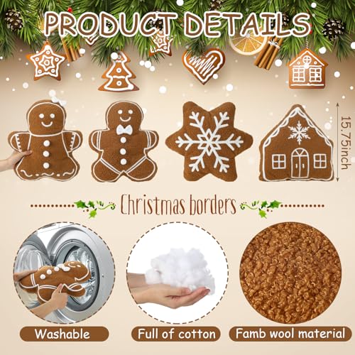 Image of HunnmingRe 4 Pcs Christmas Throw Pillows Fall Football Plush Pillows Winter Holiday Cushion Soft Decorative Cushions for Couch Bedroom Living Room Thanksgiving Xmas Decor(Caramel,Gingerbread)