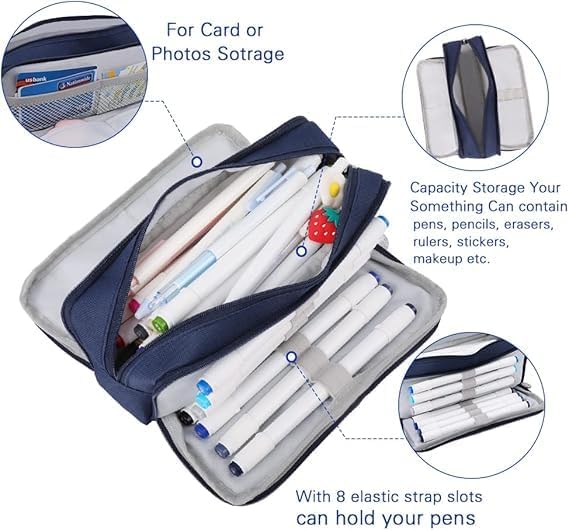 Image of Canvas School Bag Pencil Case, 3 Layer 6 Compartment Large Capacity, Aesthetic Pencil Pouch for Stationary, Cute Stationery for Kids, Pencil Case for Girls & Boys (Special Blue)