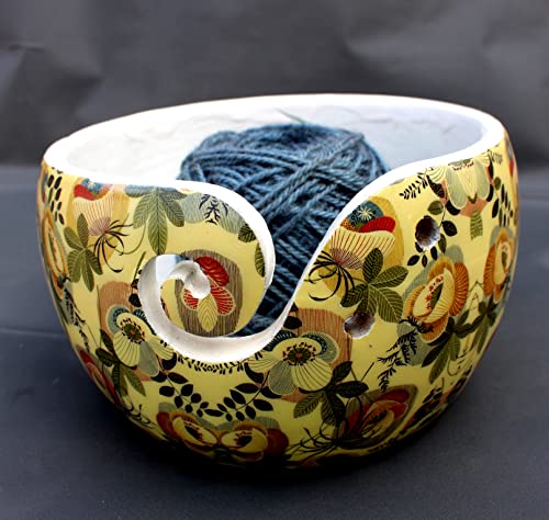 Image of Multi Purpose Wooden Yarn Bowl - Yarn Holder Rosewood - Knitting Bowl Handmade Wooden Yarn Bowl for Knitting and Crochet | Large Knitting Bowl Mother's Day Gift (Yellow Design)