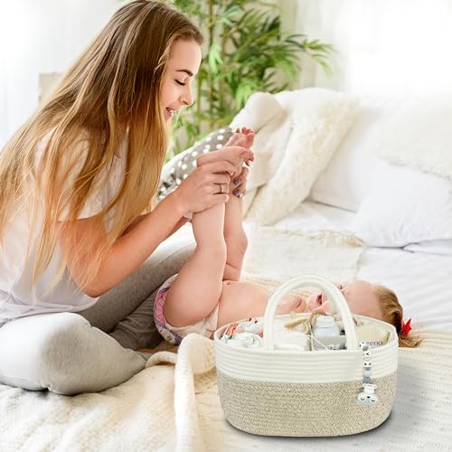 Image of XUANGUO Large Cotton Rope Baby Diaper Caddy Organizer Basket White Brown