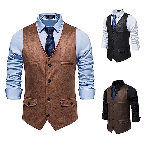 Men's Vintage Multi Pockets Suede Leather Suit Vest Sleeveless V-Neck Western Cowboy Vest Jacket for Wedding Prom4