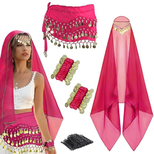 4 Pcs Belly Dance Outfit Sets Belly Dance Chiffon Hip Scarf with Coins Gypsy Head Scarf with Coins 2 Coin Wrist Bracelet 50 Pcs Bobby Pins for Women Girls Birthday Rave Costume Accessory (Rose)