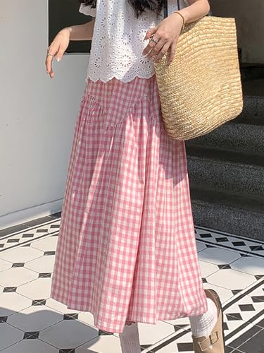 Women's Summer High Waist Plaid Gingham Skirt Casual Swing A Line Midi Skirt2