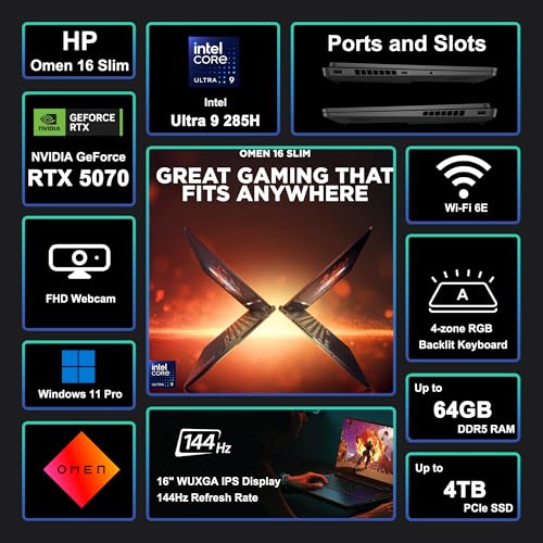 Image of HP Omen 16 Slim Gaming AI Laptop 16 inch WUXGA IPS 144Hz Intel 16-core Ultra 9 285H 32GB RAM 2TB SSD GeForce RTX 5070 GDDR7 (Up to 988 Tops) 4-Zone RGB Backlit Wi-Fi6E HyperX Win11Pro ICP Hub
