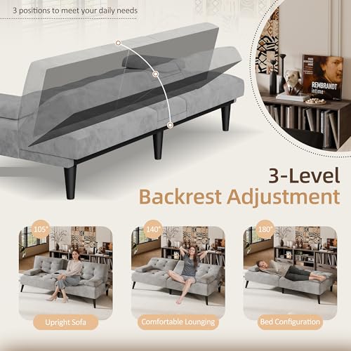 Image of Shintenchi Futon Sofa Bed, Velvet Foldable Couch, Reclining Sleeper with Removable Armrests, Upholstered Loveseat Sofa Couch with Folding Cup Holders for Home, Office, Light Gray