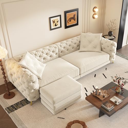 Convertible Sleeper Sofa, Sofa Bed, 3-in-1 Velvet 4-Seater Couch, Beige and White, Pull Out Sleeper with Movable Ottoman, 97. Inch Tufted Design for Apartment Bedroom Home Office - Image 4