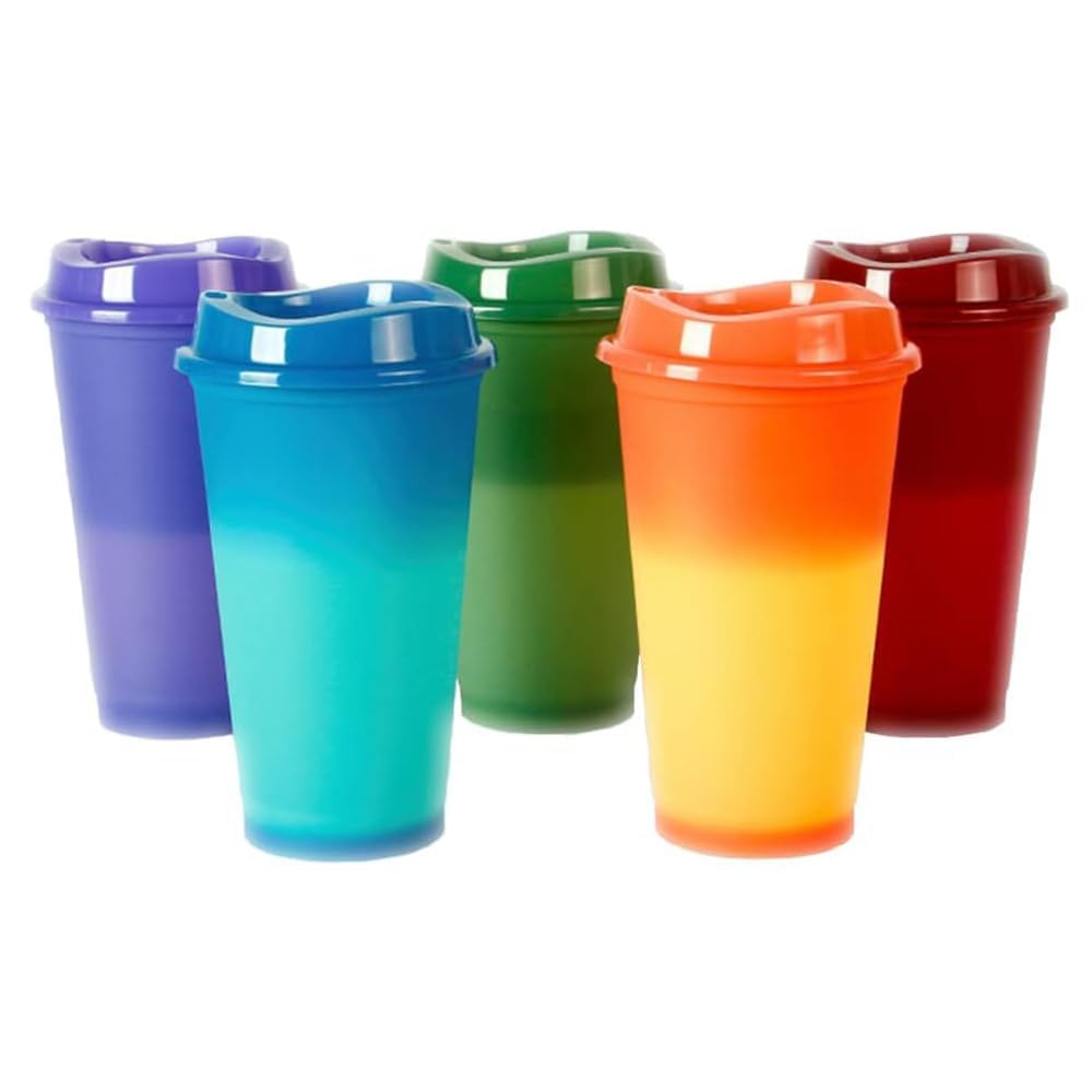 KASTWAVE Reusable Color Changing Coffee Cups, 5 Pcs 16 oz/473 ml Plastic Cups with Lids, Quality & Splash-Proof Water Travel Cup for Coffee Mug with Lid to Go Coffee Cups for Hot and Cold Drinks