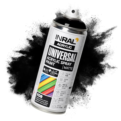 INRAL Sprühlack - Tiefschwarz matt RAL9005 Universal Sprühfarbe 400ml. Spraydose für Metall, Kunststoff, Holz & Stein - Hochdeckende, Regen- und UV-beständige Farbspray für Innen- & Außenbereich