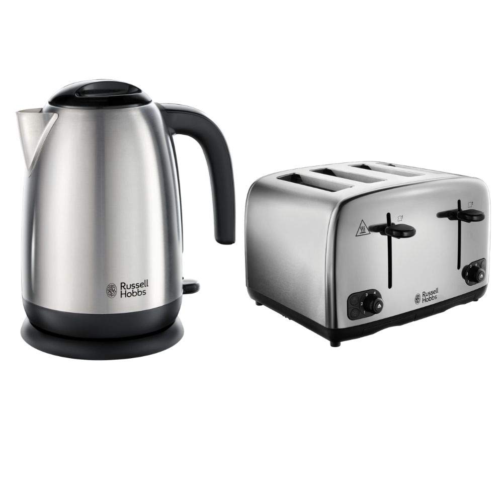 Russell HobbsAdventure Brushed and Polished Stainless Steel Four Slice Toaster with Brushed Kettle Bundle