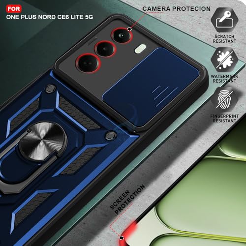 Image of AESTMO Tough Armor OnePlus Nord CE 6 Lite 5G Bumper Back Case Cover | Ring Holder & Sliding Camera Shield Cover | 360 Degree Protection Back Case Cover for OnePlus Nord CE 6 Lite 5G (Blue)