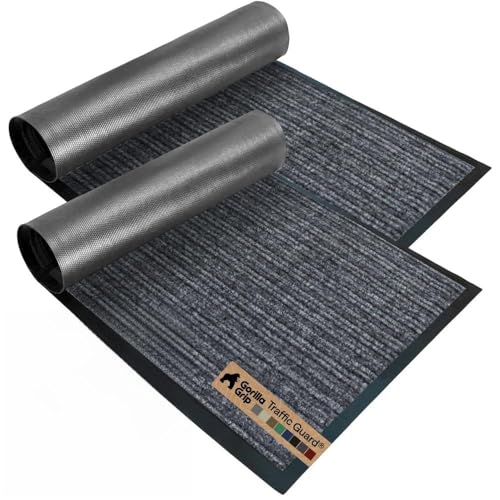 Gorilla Grip Felpudo impermeable resistente al tráfico, 2 unidades, resistente a las manchas y a la decoloración, goma duradera, tapete de puerta de perfil bajo, rascador de zapatos, tapetes de