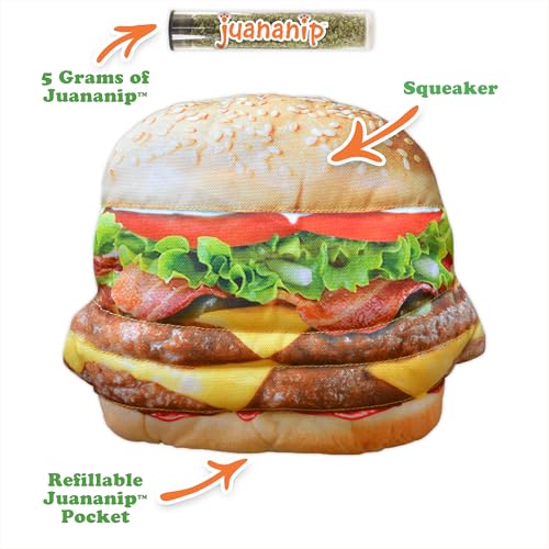 Image of Doggijuana Tuffer Chewer Dog Toy, Cheeseburger | Squeaky Refillable Toy | Squeaky plush dog toy with calming Juananip catnip inside; eases anxiety, stress & boredom; durable interactive chew toy