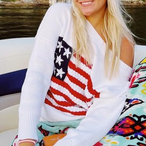 Women Vintage Loose Casual Sweater Long Sleeve Crew Neck USA Flag Print Knit Pullover Knitwear Fall Streetwear3