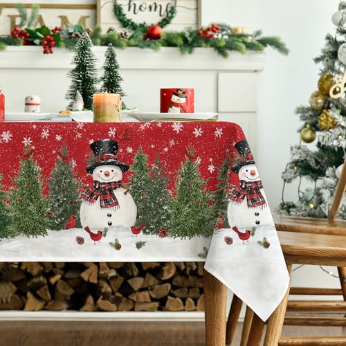 Horaldaily Christmas Tablecloth 60×84 Inch Rectangular, Winter Snowman Trees Red Washable Seasonal Table Cover for Party Picnic Dinner Decor – Image 4