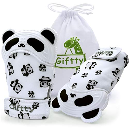 Giftty Panda Teething Mitten, Wearable Teething Toys Teether Mitt for Babies, Self-Soothing Toy with Handy Travel Bag