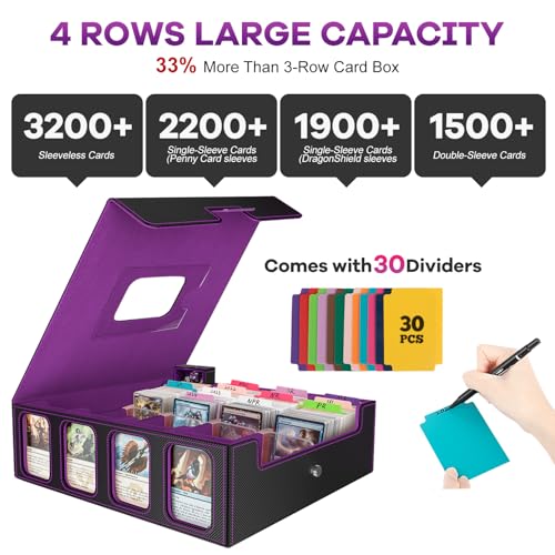 Image of Trading Card Storage Box - 3200+ MTG Deck Box with Commander Display & Portable Handle, 4-Row Card Case Compatible for MTG /TCG /Magic Cards, 30 Colorful Divider, 8 Card Supporters (Black & Purple)