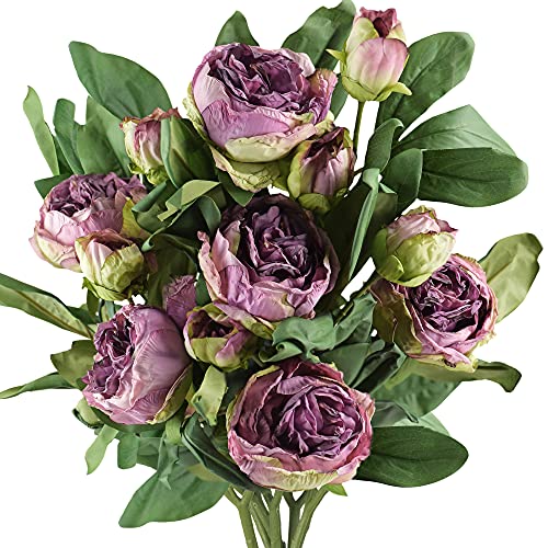Image of FiveSeasonStuff Vintage Purple Peonies - Realistic Artificial Silk Flowers with Dry-Look Petals, 6 Stems for Rustic Home & Wedding Floral Arrangements
