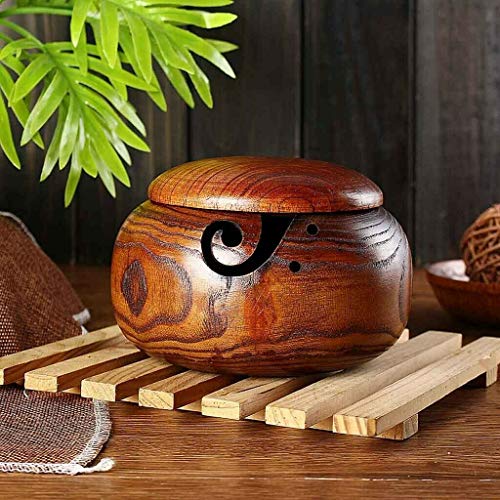 Image of Joyeee 1 Pcs Wooden Yarn Bowl with Lid, Crafted Wooden Weaving Thread Bow with Carved Holes, Premium Knitting Storage Accessories & Supplies, Handcrafted Round Yarn Ball Bowl Brown Box, 16 CM #02