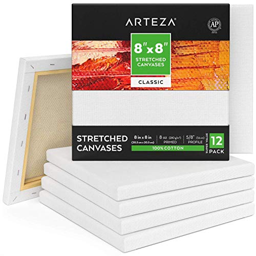 ARTEZA Lienzos blancos estirados e imprimados | 20,3x20,3 cm | Pack de 12 | 100% algodón | Lienzos de pintura acrílica, óleo y medios húmedos | Para artistas profesionales, aficionados y principiantes