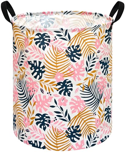 Image of Round Pink Leaves Pattern Laundry Hamper Storage Basket Fabric Material Storage Hamper Organization Basket, Storage Bin, Gift Box with Handles for Room