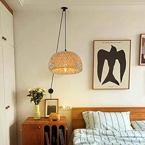 Zompoo Plug in Bamboo Pendant Light Fixture, Hand-Woven Rattan Chandeliers Ceiling Pendant Lighting with Switch, Farmhouse Basket Hanging Semicircle Lampshade for Dining Room, Kitchen Island, Entryway Cover