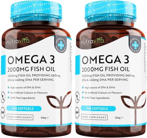 Nutravita Omega 3 2000mg - con 660mg EPA y 440mg DHA - 2 Botellas de 240 Cápsulas Blandas para 8 Meses - Corazòn, Función Cerebral y Visiòn (EFSA) Omega 3 Capsulas - Suplementos para Hombres y Mujeres