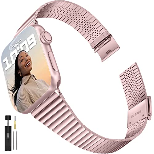 Miimall Compatible Apple Watch 45mm 44mm 42mm Metal Band, [Stainless Steel][Double Buckle] Women Girls Luxury Adjustable Strap Bands for Apple Watch Series 7 45mm 6 SE 5 4 44mm 3 2 1 42mm (Rose Pink)