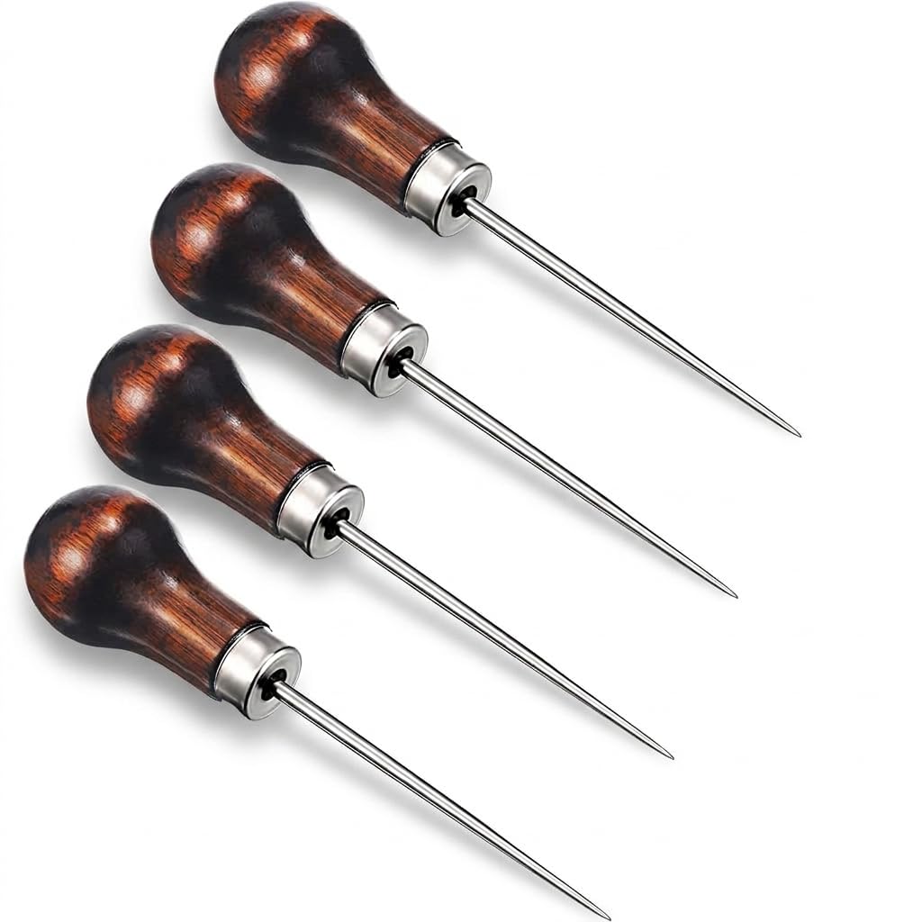 supvox® 4 pcs copper handle stitcher, needles sewing awl tool, gourd shape leather craft cloth wooden handle scratch awl tool, pin punching for canvas leather pouch hole diy shoes repair