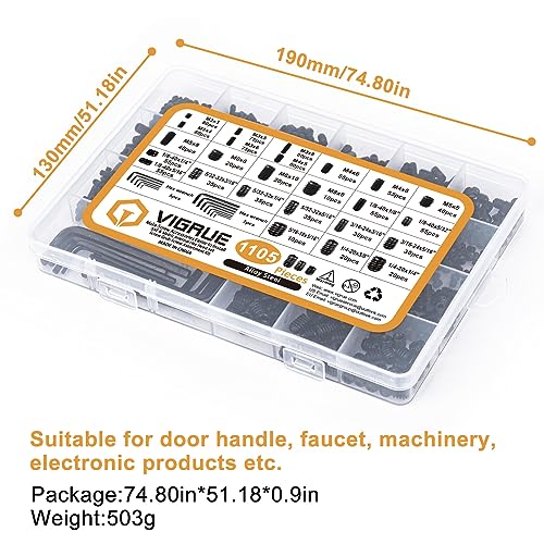VIGRUE 1105PCS 25 Tailles métriques & SAE Kit d'assortiment de vis Kit interne de disque hexagonal Allen Grub Vis Set en alliage de point de coupe, M3 à M8 et 1/8-40 à 5/16-18