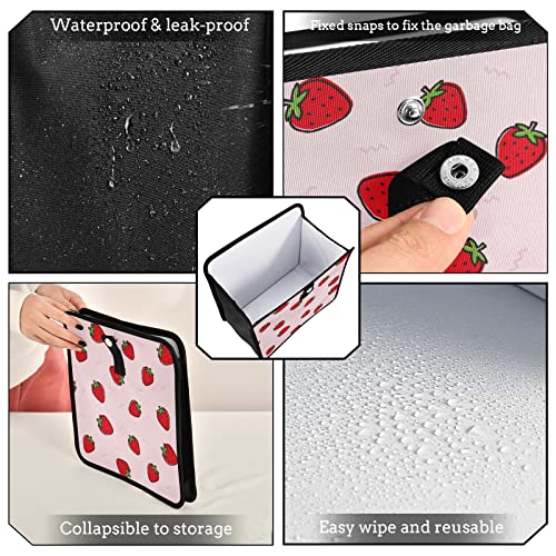 Image of Cute Strawberry Pink Car Trash Can Foldable Hanging Car Trash Bag Bin Auto Garbage Can Leak-Proof Car Organizer(Large)