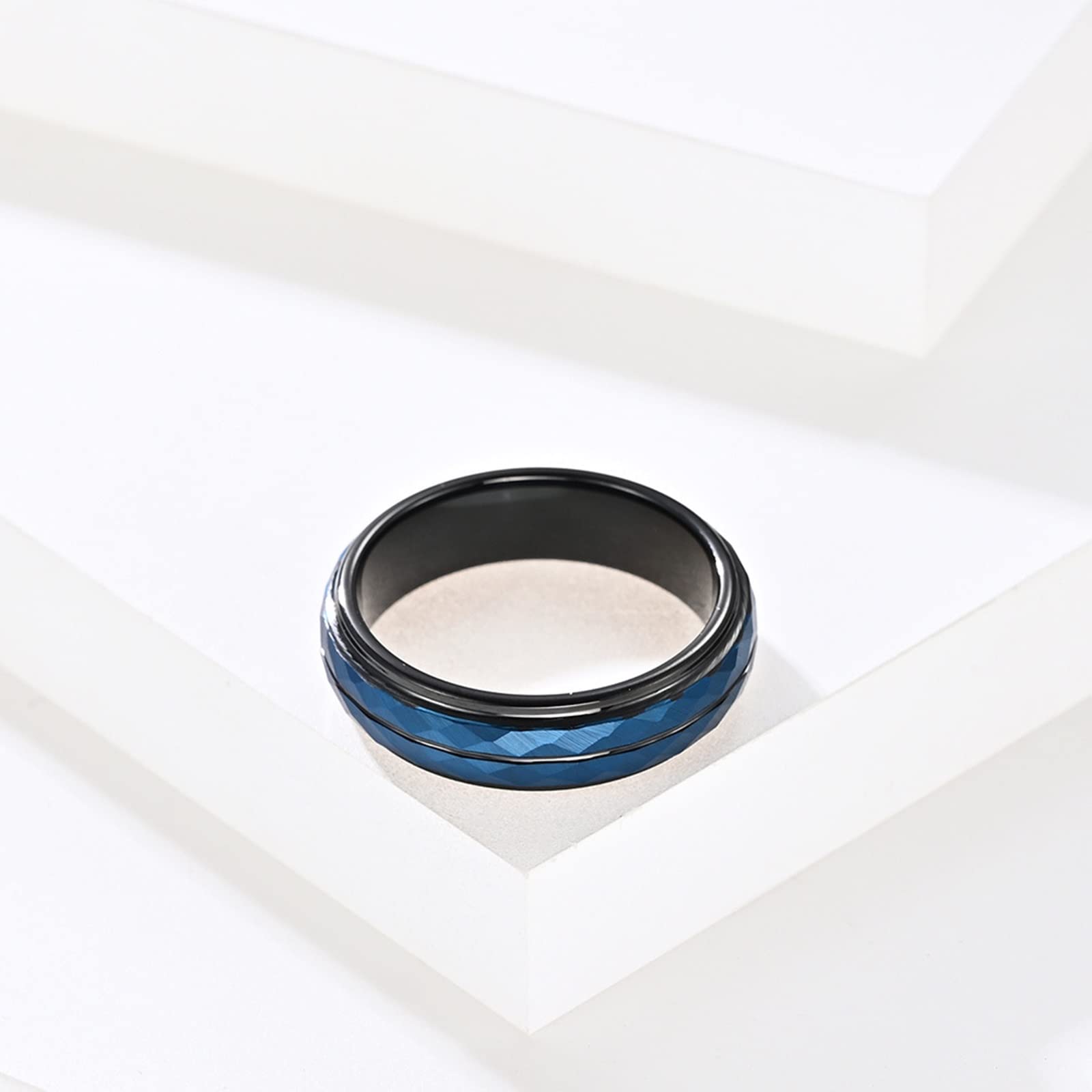 Epinki 2 Pezzi Anelli Fidanzamento, Anello Coppia 5MM Geometrico Blu Nero Tungsteno Anello per Matrimonio