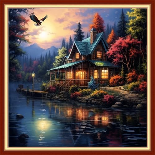 Image of Joyhoor Cross Stitch Kits for Beginners Stamped Cross-Stitch Supplies Needlework preprint Embroidery Kits for Adults DIY Needlepoint Kits Embroidery Patterns 11CT-Night Moon Scenery 18x18 inchs