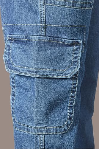 Image of RIG BONE Men's Relaxed Fit Cargo Jeans with Functional Pockets Comfortable High Rise Design Durable Denim Mid Wash Ideal for Casual Wear Travel Outdoor and Urban Adventures