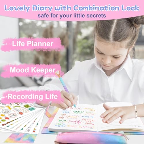 Coosilion Tagebuch mit Schloss Geschenke für Mädchen 6 7 8 9 10 11 12 13 Jahre, Weihnachtsgeschenke für Mädchen Teenager alter 6-15 Notizbuch Mädchen Tagebuch mit Code Mäppchen Armband Reisetagebuch