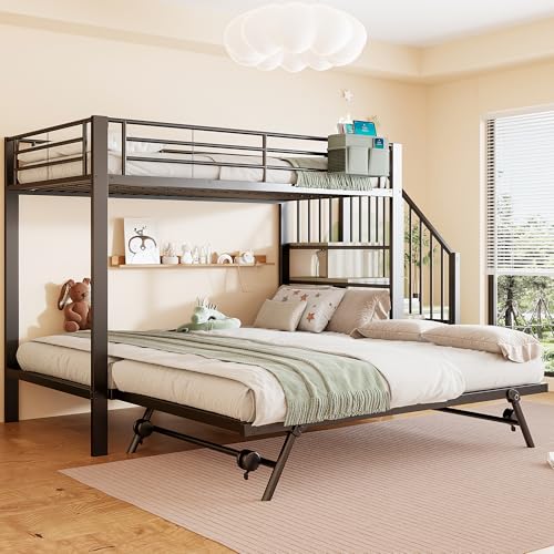 Soweiz Litera 90 x 200 cm, 180 x 200 cm, marco de hierro, diseño de cama nido multifuncional, bolsa de tela, construcción de escaleras con almacenamiento, sin colchón, color negro