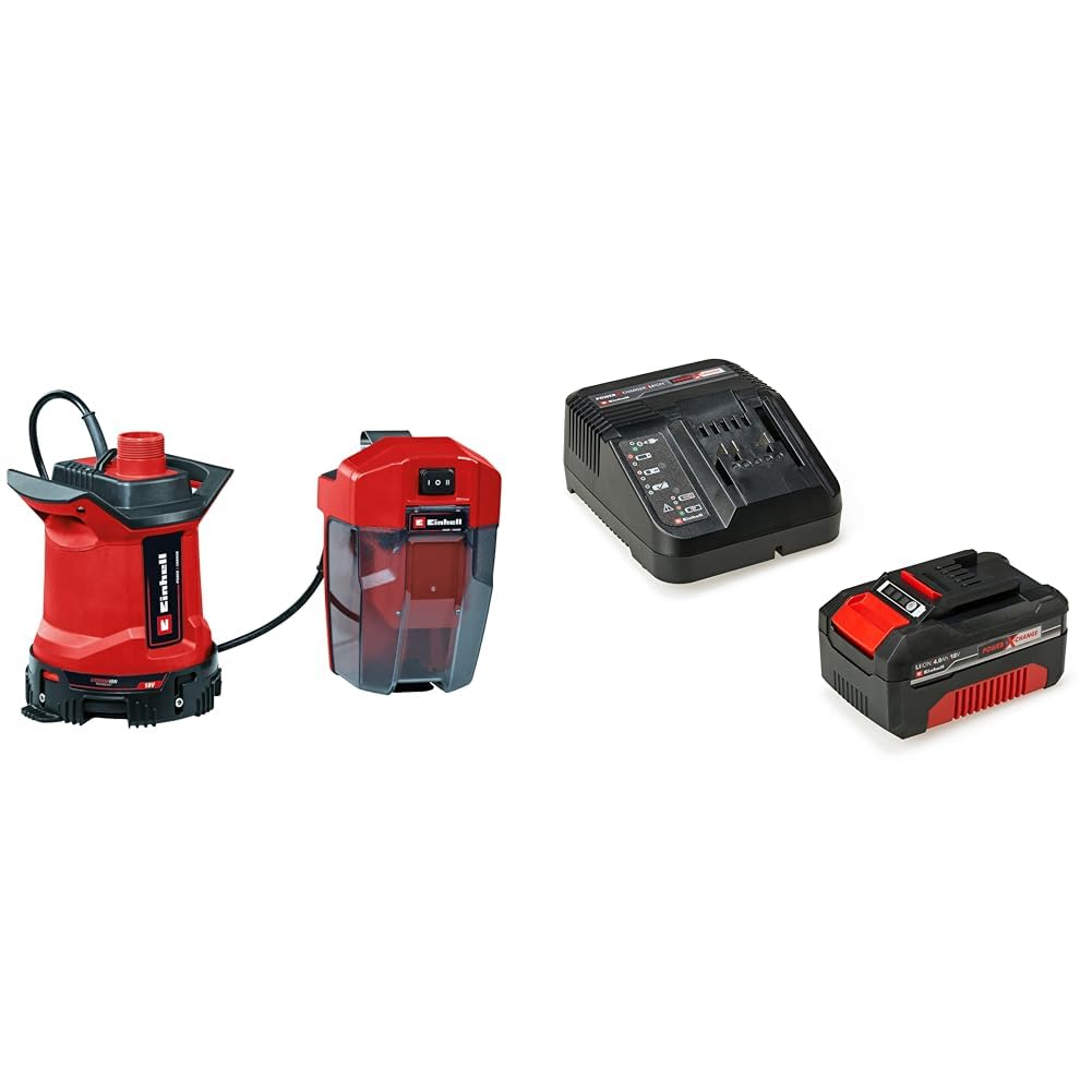 Einhell Pompe pour eaux chargées sans fil GE-DP 18/25 LL Li-Solo Power X-Change (18V, débit 7 000 L/h, aspiration à plat, hauteur de pompage de 5m, modes ÉCO et BOOST) avec Chargeur et Batterie 4,0Ah