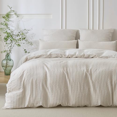 SOULFUL Bettwäsche 135x200 Baumwolle 4teilig Gestreift Jacquard Helleskhaki | Gewaschene Baumwolle Boho Bettwäsche-Sets mit Reißverschluss Atmungsaktiv Enthält 2 Bettbezug 135x200
