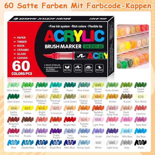 Image of 60 Colors Acrylic Markers, Soft Brush Head, Acrylic Markers for Coloring, Stone, Wood, Canvas, Glass, Ceramic, Crafts