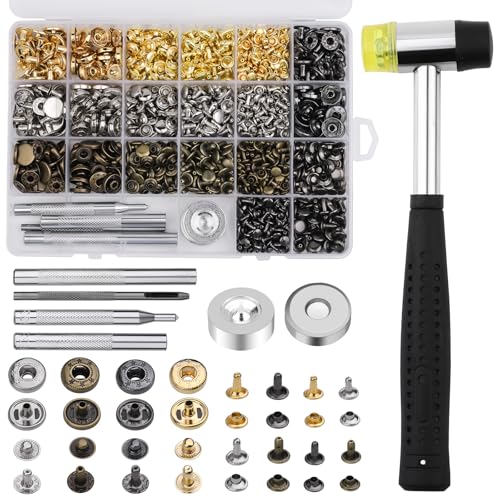 320 Pcs Snap Fasteners, Press Studs Snap Fasteners, Snap Button Fastener Kit with Double-Sided Nylon Hammer and 5 Pcs Installation Tools for Clothing, Leather, Jacket