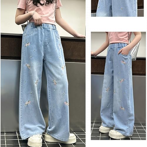 Teens Girls Baggy Jeans Embroidered Straight Leg Elastic Waist Trousers Streetwear Casual Denim Pants for 5-16 Years4