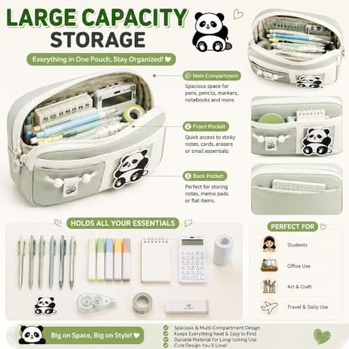 Image of Cute Aesthetic Pencil Case for Girls & Boys | 3 Layer 6 Compartment Large Capacity Pencil Pouch with Zipper | Cartoon Stationery Organizer Bag for Students & Kids (Green)