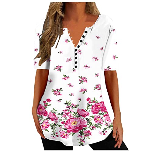 Smidow Long Tunic Tops To Wear With Leggings Fashion Floral Print 2023 Summer Henley Shirts Short Sleeve Casual Loose Blouse #TOP15