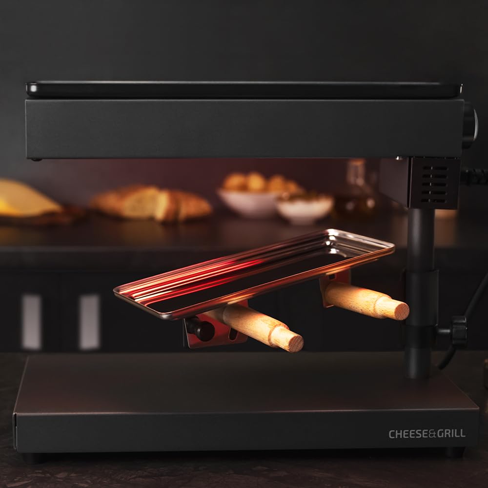 Cecotec Raclette Cheese&Grill 6000 Schwarz. Leistung 600W, Grillfunktion, Edelstahl-Finish, verstellbares Thermostat, 2 Holzspatel, antihaftbeschichteter oberer Grillrost