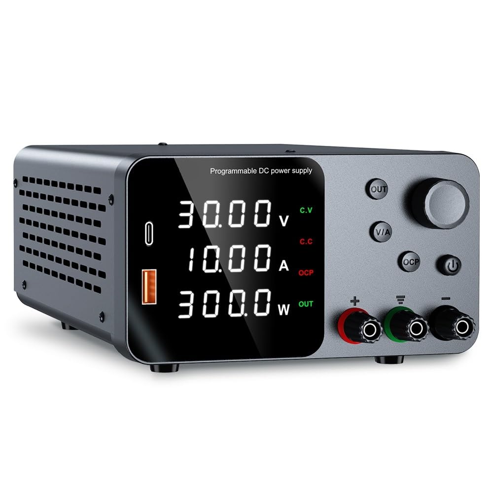 Regulador De Voltaje,Estabilizador De Corriente Fuente de alimentación CC ajustable de laboratorio de 30 V, 5 A y 10 A con pantalla LED de 4 dígitos; carga rápida USB-A/Tipo-C de 5 V/3,6 A con ajuste(