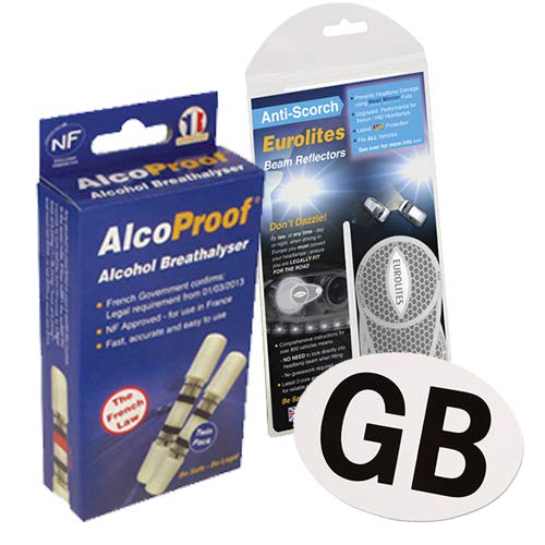 Family Motoring & Leisure Eurolites Headlamp Beam Adaptors Headlight Converters + 2 French Alcoproof Breathalysers + UK National Sticker