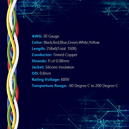 Image of Fermerry 30 AWG Stranded Wire Spool 25ft Each 6 Colors Flexible 30 Gauge Silicone Hook up Wire Kit Electrical Tinned Copper Wire