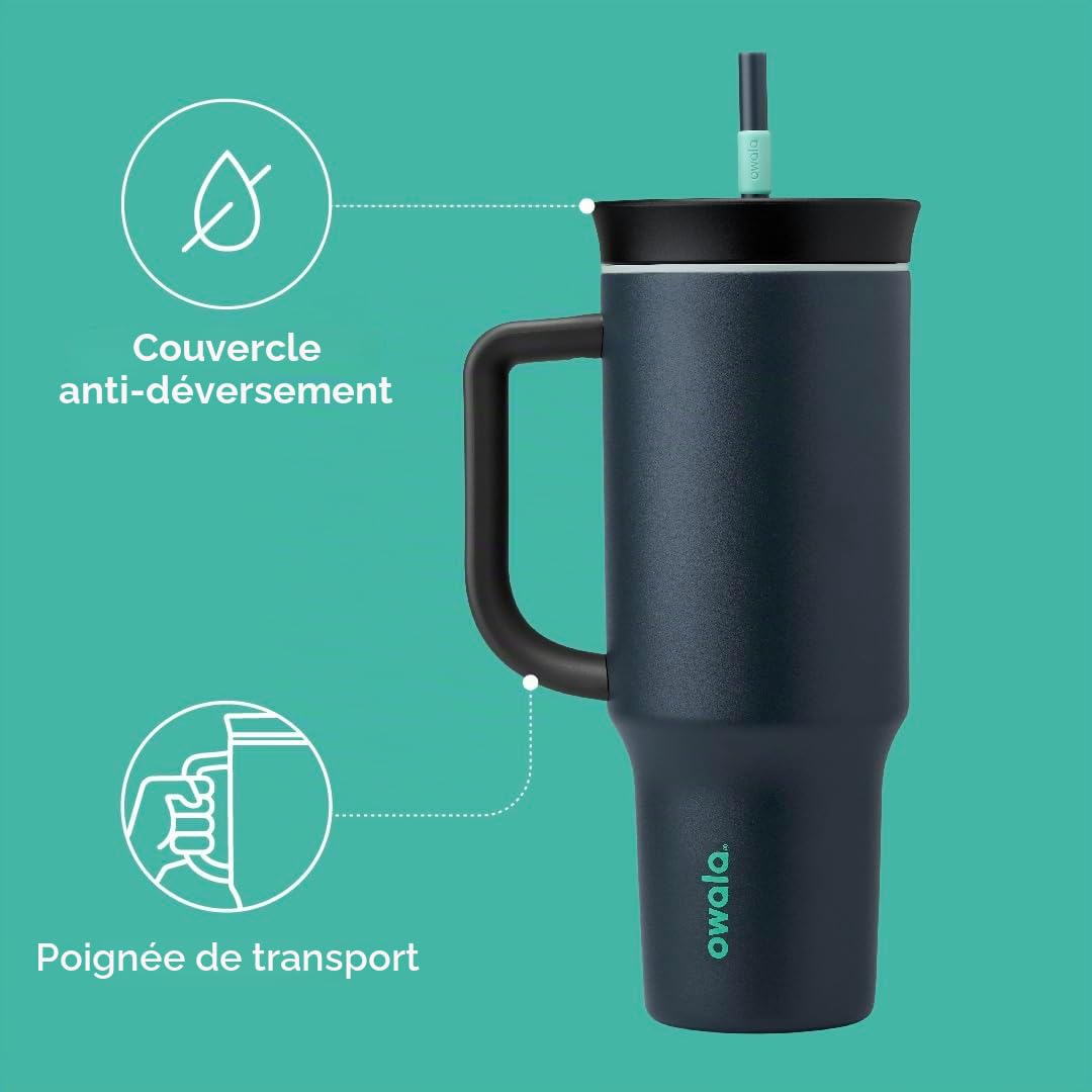 Owala Stainless Steel Insulated Travel Tumbler, 1.18 l - Mug Isotherme en Inox avec Paille et Couvercle, 1.18 l - sans BPA, Conserve le Froids ou la Chaleur Pendant Une Longue Durée, Foggy Tide