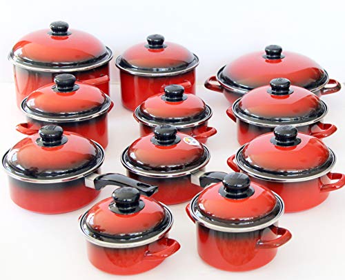 EMA_LION 22 TLG - Batería de cocina esmaltada con sartén wok (apta para inducción), color rojo y negro Cover